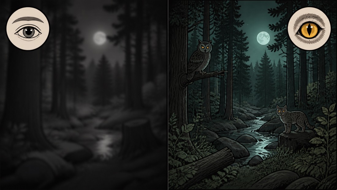 A split forest scene comparing human night vision with an owl and a cat