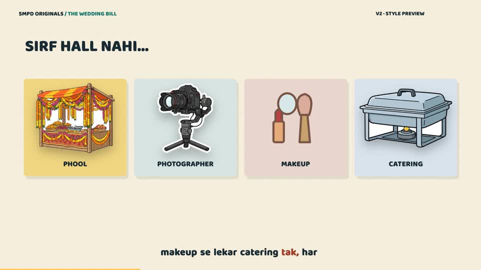 Four paper cards show flowers, photography, makeup and catering